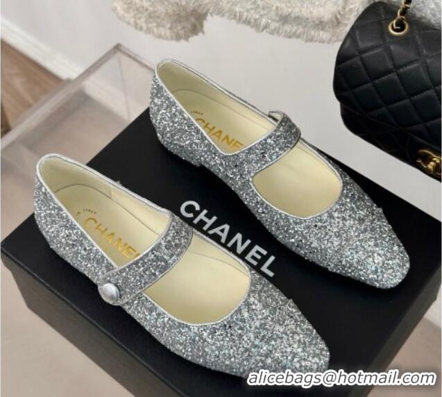 Best Price Chanel Glitter Mary Janes Ballet Flat with Pointed Toe Silver 603141