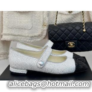 Top Grade Chanel Glitter Mary Janes Ballet Flat with Pointed Toe White/Black 603142