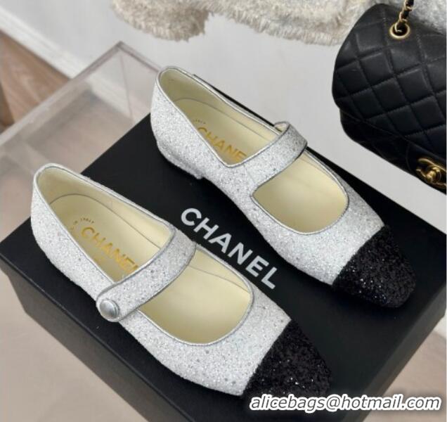 Top Grade Chanel Glitter Mary Janes Ballet Flat with Pointed Toe White/Black 603142