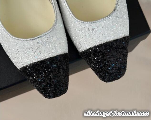 Top Grade Chanel Glitter Mary Janes Ballet Flat with Pointed Toe White/Black 603142