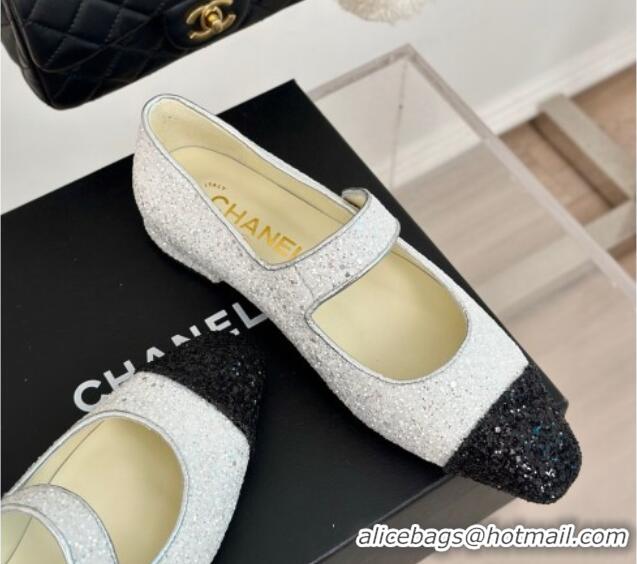 Top Grade Chanel Glitter Mary Janes Ballet Flat with Pointed Toe White/Black 603142