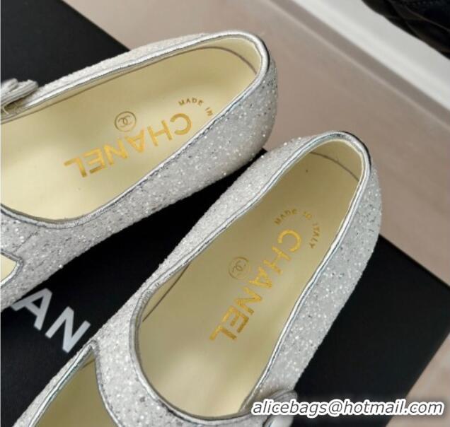 Top Grade Chanel Glitter Mary Janes Ballet Flat with Pointed Toe White/Black 603142