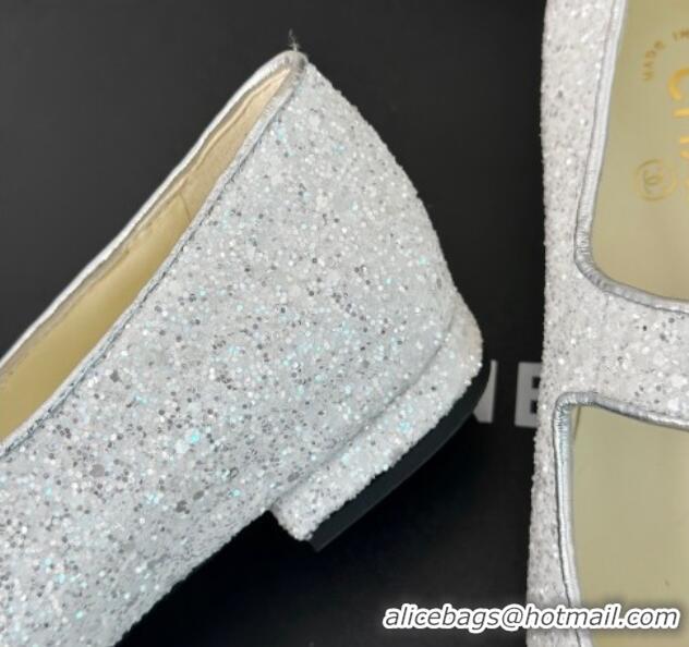 Top Grade Chanel Glitter Mary Janes Ballet Flat with Pointed Toe White/Black 603142