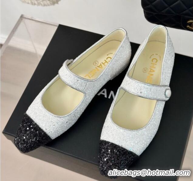 Top Grade Chanel Glitter Mary Janes Ballet Flat with Pointed Toe White/Black 603142