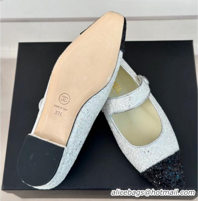 Top Grade Chanel Glitter Mary Janes Ballet Flat with Pointed Toe White/Black 603142