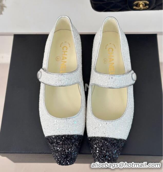 Top Grade Chanel Glitter Mary Janes Ballet Flat with Pointed Toe White/Black 603142