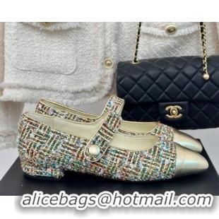 Good Looking Chanel Tweed Mary Janes Ballet Flat with Pointed Toe Gold/Others 603143