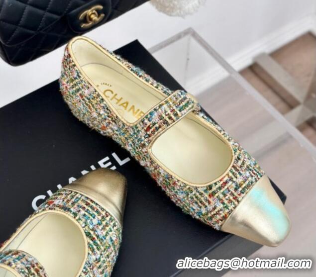 Good Looking Chanel Tweed Mary Janes Ballet Flat with Pointed Toe Gold/Others 603143