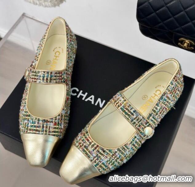 Good Looking Chanel Tweed Mary Janes Ballet Flat with Pointed Toe Gold/Others 603143