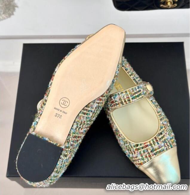 Good Looking Chanel Tweed Mary Janes Ballet Flat with Pointed Toe Gold/Others 603143