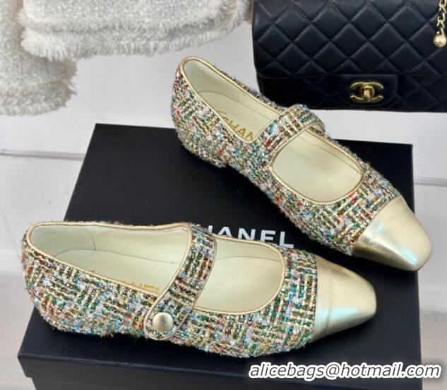 Good Looking Chanel Tweed Mary Janes Ballet Flat with Pointed Toe Gold/Others 603143