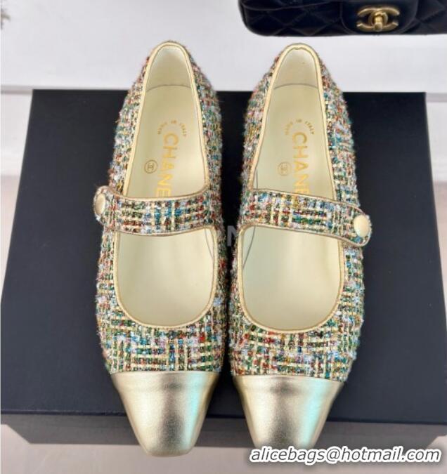 Good Looking Chanel Tweed Mary Janes Ballet Flat with Pointed Toe Gold/Others 603143