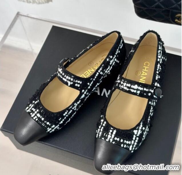 Unique Style Chanel Tweed Mary Janes Ballet Flat with Pointed Toe Black/Sequins 603144