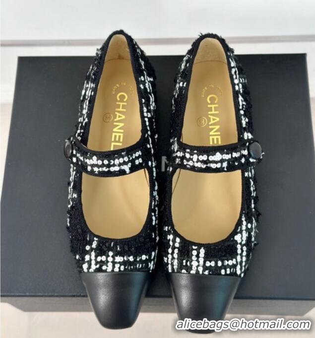 Unique Style Chanel Tweed Mary Janes Ballet Flat with Pointed Toe Black/Sequins 603144