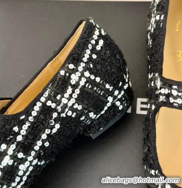 Unique Style Chanel Tweed Mary Janes Ballet Flat with Pointed Toe Black/Sequins 603144