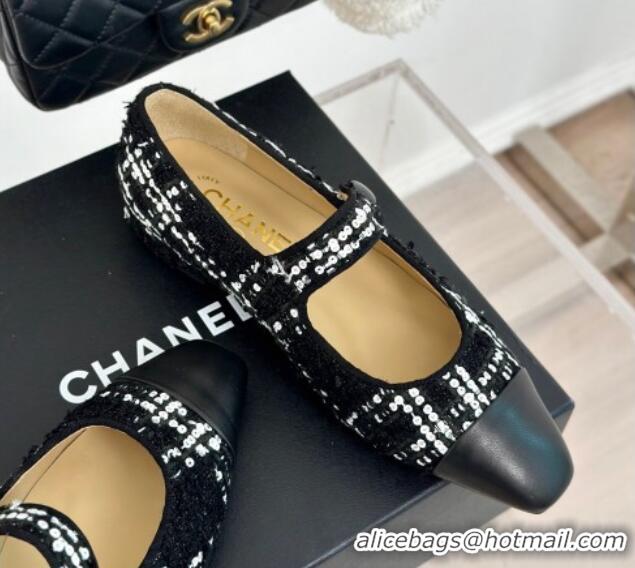 Unique Style Chanel Tweed Mary Janes Ballet Flat with Pointed Toe Black/Sequins 603144