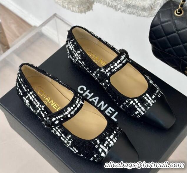 Unique Style Chanel Tweed Mary Janes Ballet Flat with Pointed Toe Black/Sequins 603144