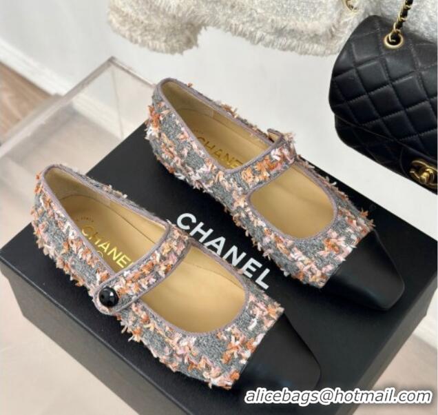 Best Product Chanel Tweed Mary Janes Ballet Flat with Pointed Toe Grey/Pink/Black 603145