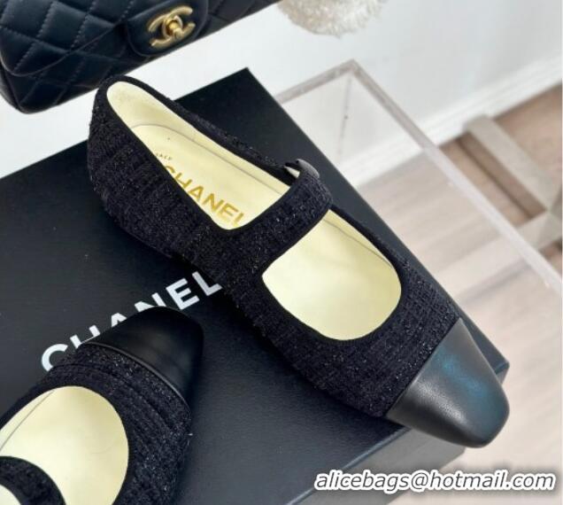 Hot Style Chanel Tweed Mary Janes Ballet Flat with Pointed Toe Black 603147