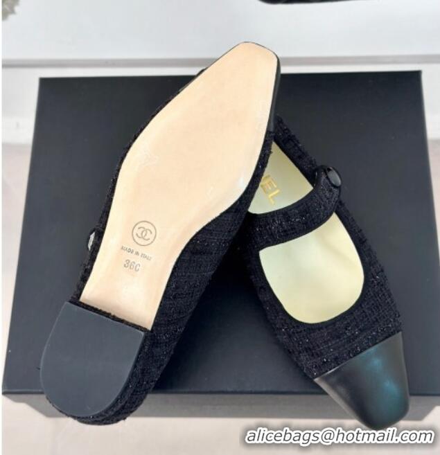 Hot Style Chanel Tweed Mary Janes Ballet Flat with Pointed Toe Black 603147