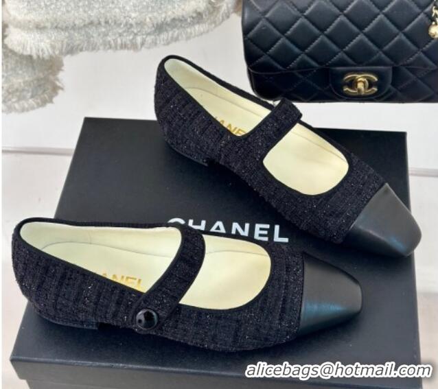 Hot Style Chanel Tweed Mary Janes Ballet Flat with Pointed Toe Black 603147