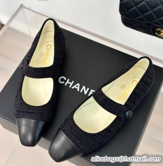 Hot Style Chanel Tweed Mary Janes Ballet Flat with Pointed Toe Black 603147