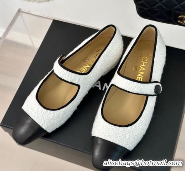 Sophisticated Chanel Tweed Mary Janes Ballet Flat with Pointed Toe White/Black 603148