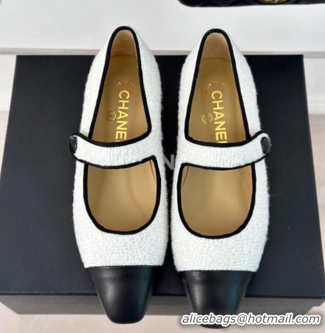 Sophisticated Chanel Tweed Mary Janes Ballet Flat with Pointed Toe White/Black 603148