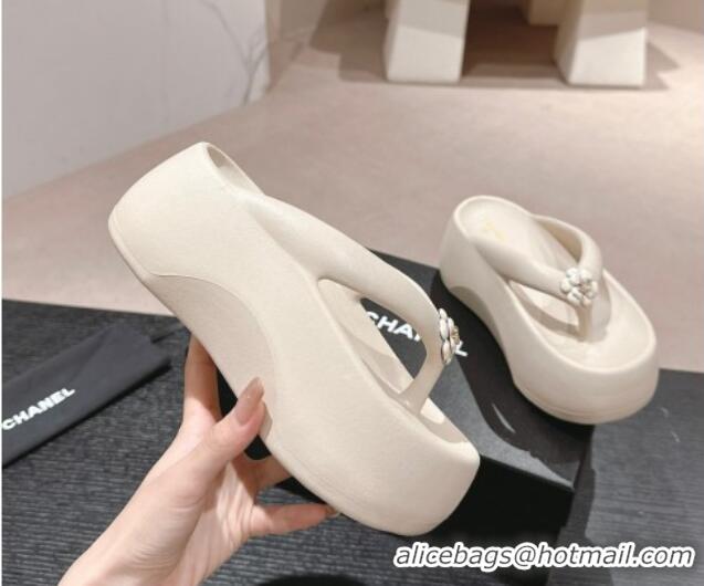 Good Quality Chanel Rubber Platform Slide Thong Sandals 4cm with Bloom White 603149