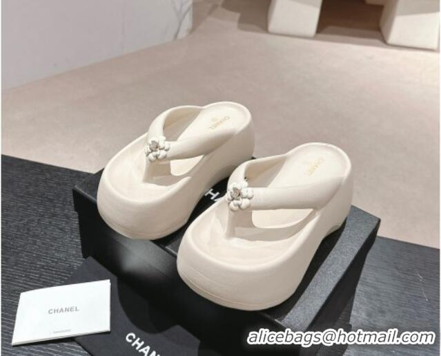 Good Quality Chanel Rubber Platform Slide Thong Sandals 4cm with Bloom White 603149