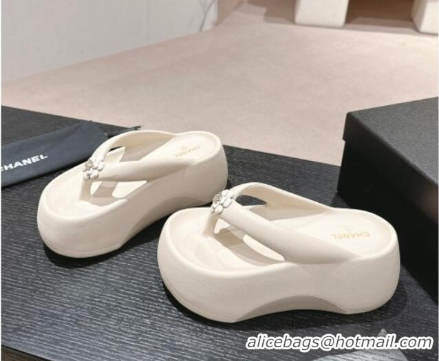 Good Quality Chanel Rubber Platform Slide Thong Sandals 4cm with Bloom White 603149