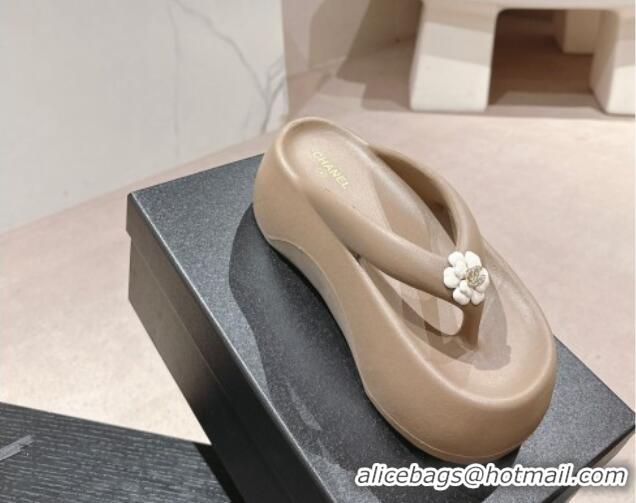 Perfect Chanel Rubber Platform Slide Thong Sandals 4cm with Bloom Khaki 603150