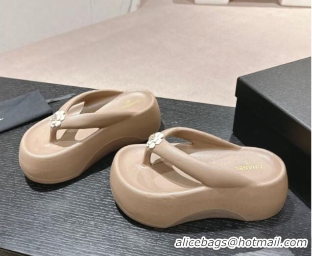 Perfect Chanel Rubber Platform Slide Thong Sandals 4cm with Bloom Khaki 603150