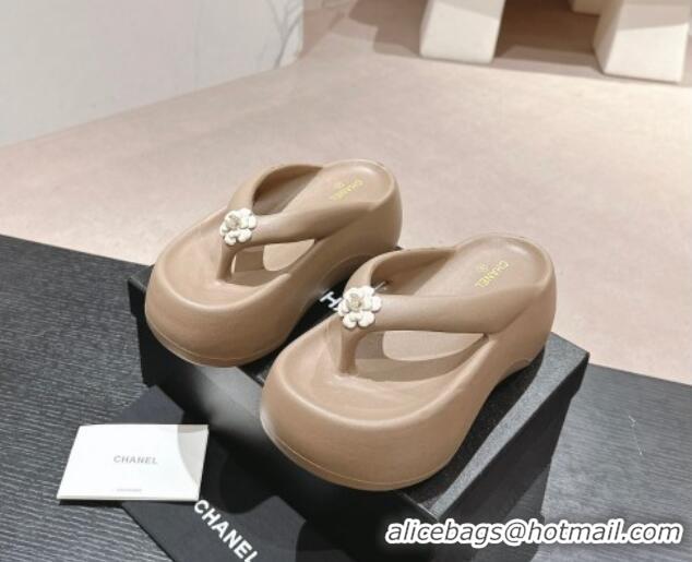 Perfect Chanel Rubber Platform Slide Thong Sandals 4cm with Bloom Khaki 603150