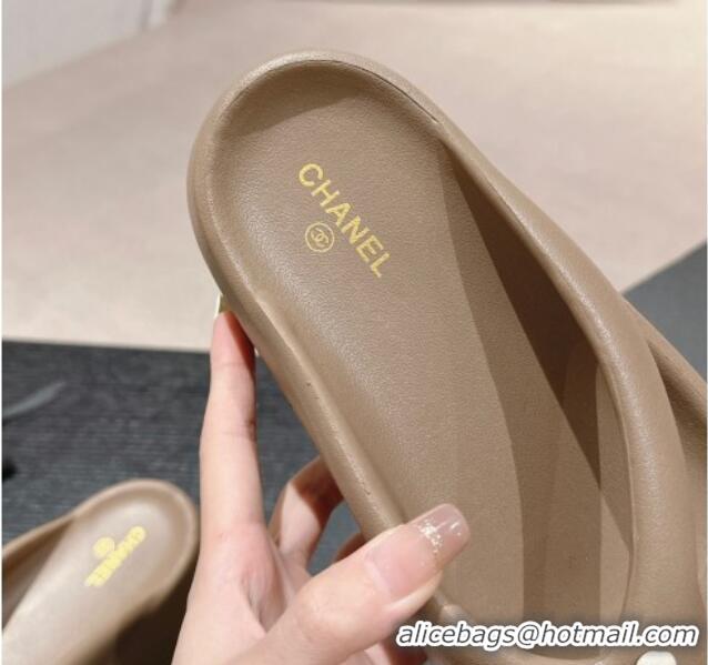 Perfect Chanel Rubber Platform Slide Thong Sandals 4cm with Bloom Khaki 603150