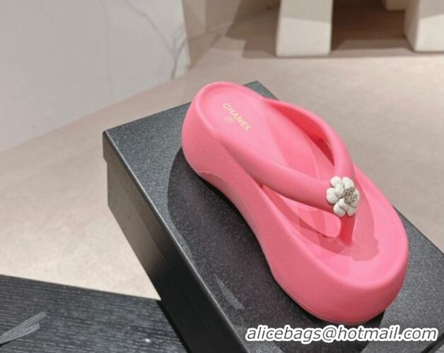 Best Grade Chanel Rubber Platform Slide Thong Sandals 4cm with Bloom Pink 603151