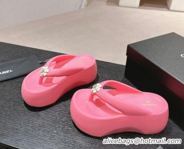 Best Grade Chanel Rubber Platform Slide Thong Sandals 4cm with Bloom Pink 603151