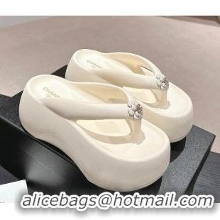 Pretty Style Chanel Rubber Platform Slide Thong Sandals 4cm with Bloom Cream White 603152