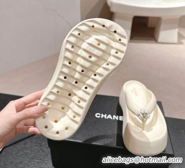 Pretty Style Chanel Rubber Platform Slide Thong Sandals 4cm with Bloom Cream White 603152