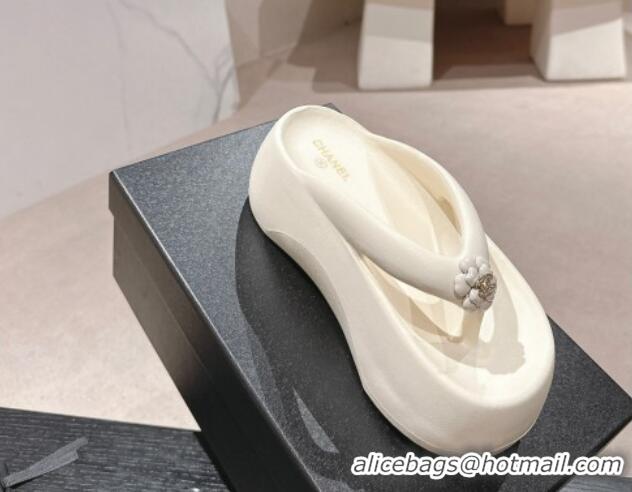 Pretty Style Chanel Rubber Platform Slide Thong Sandals 4cm with Bloom Cream White 603152