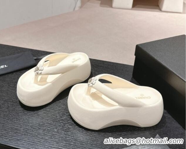 Pretty Style Chanel Rubber Platform Slide Thong Sandals 4cm with Bloom Cream White 603152