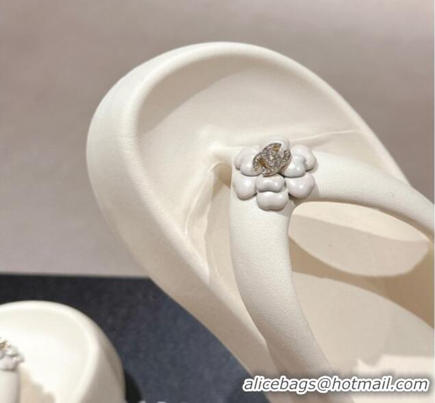 Pretty Style Chanel Rubber Platform Slide Thong Sandals 4cm with Bloom Cream White 603152