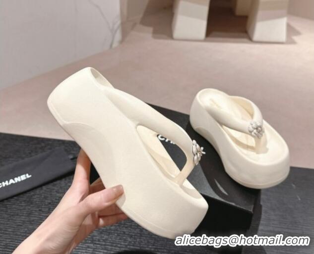 Pretty Style Chanel Rubber Platform Slide Thong Sandals 4cm with Bloom Cream White 603152