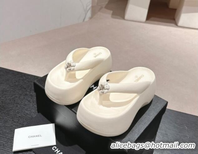 Pretty Style Chanel Rubber Platform Slide Thong Sandals 4cm with Bloom Cream White 603152