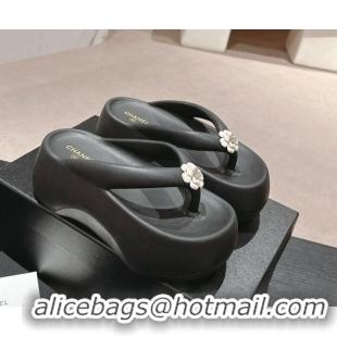 Shop Duplicate Chanel Rubber Platform Slide Thong Sandals 4cm with Bloom Black 603153