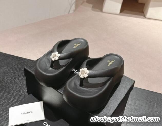 Shop Duplicate Chanel Rubber Platform Slide Thong Sandals 4cm with Bloom Black 603153