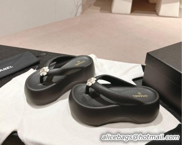 Shop Duplicate Chanel Rubber Platform Slide Thong Sandals 4cm with Bloom Black 603153