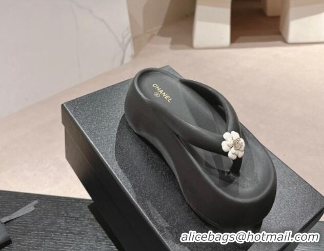 Shop Duplicate Chanel Rubber Platform Slide Thong Sandals 4cm with Bloom Black 603153