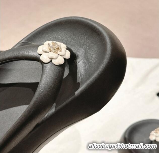 Shop Duplicate Chanel Rubber Platform Slide Thong Sandals 4cm with Bloom Black 603153