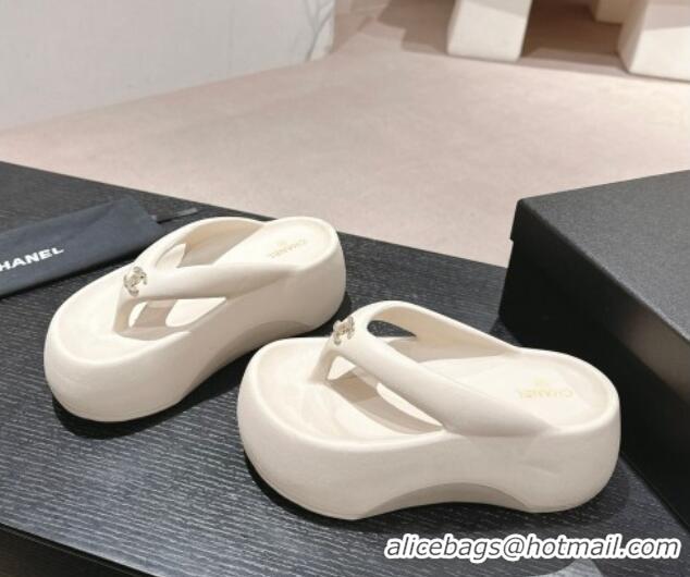 Grade Quality Chanel Rubber Platform Slide Thong Sandals 4cm with CC White 603155